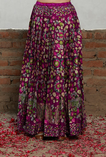 Plum Kalamkari Printed Cotton Silk Pleated Long Skirt